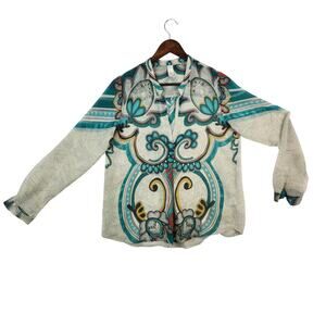 Konrad & Joseph Anthropologie Blouse Women’s SZ SM Aqua Green/Cream EUC